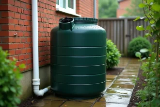 Cuve de récupération d'eau de pluie verte installée contre un mur en brique avec gouttière et filtre de dérivation dans un jardin suburbain européen