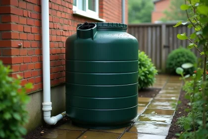 Cuve de récupération d'eau de pluie verte installée contre un mur en brique avec gouttière et filtre de dérivation dans un jardin suburbain européen