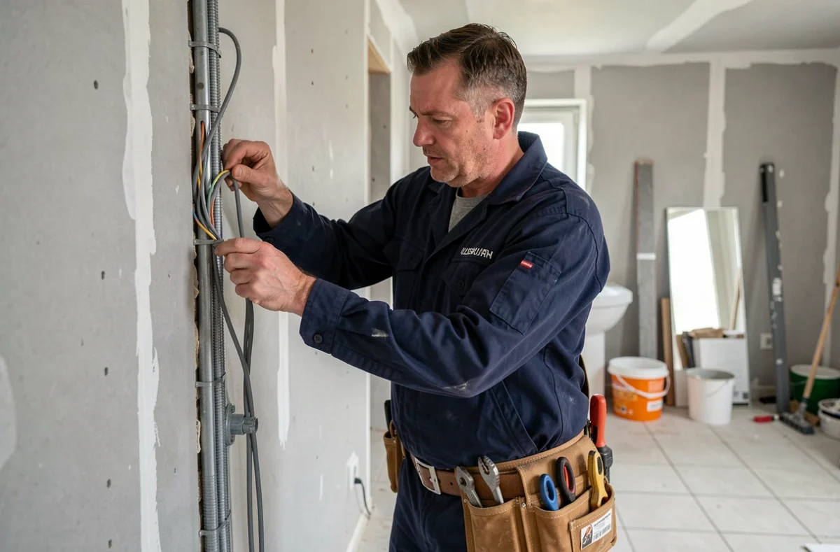Électricien installant le câblage électrique dans une salle de bain en cours de rénovation