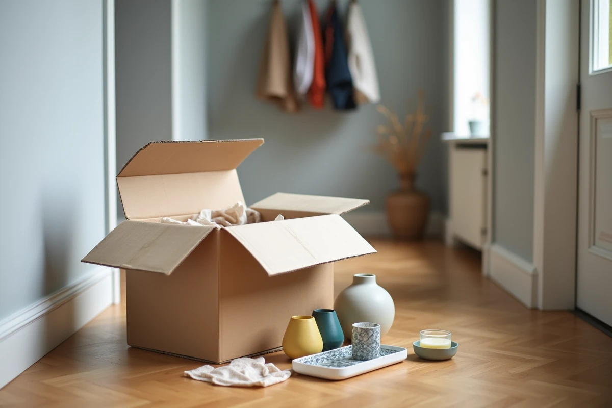 Déballage d'une commande Centrakor en ligne avec articles de décoration disposés sur le sol d'un couloir