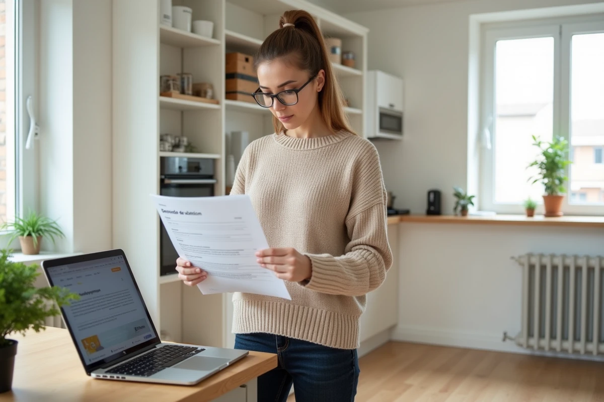 Femme consultant un dossier de demande d'aide et de subvention pour une chaudière électrique à domicile