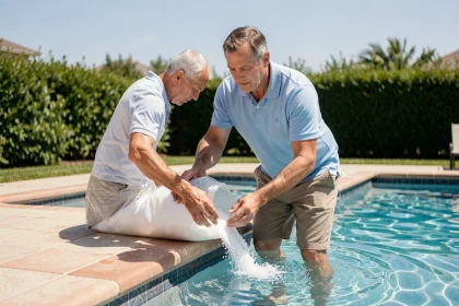 Homme versant du sel dans une piscine lors de la première mise en eau