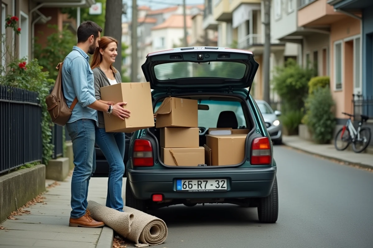 Couple chargeant des cartons et sacs dans une petite voiture lors d'un déménagement à petit budget dans une rue urbaine