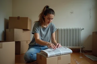 Jeune femme emballant ses affaires dans des cartons lors d'un déménagement économique dans un appartement modeste
