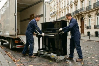Deux déménageurs professionnels transportant un piano droit depuis un camion de déménagement dans une rue parisienne pavée