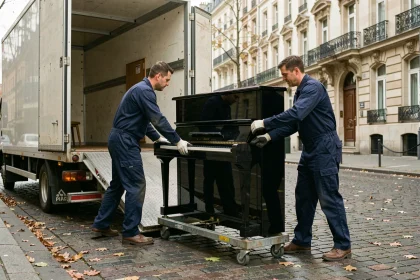 Deux déménageurs professionnels transportant un piano droit depuis un camion de déménagement dans une rue parisienne pavée