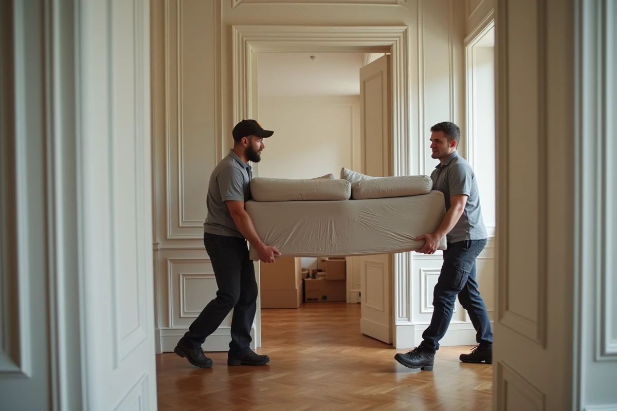 Deux déménageurs professionnels portant un canapé emballé dans le couloir d'un appartement parisien