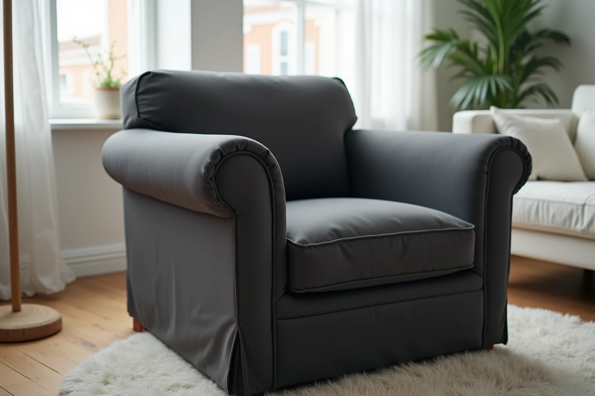 Gros plan sur la texture d'une housse extensible grise ajustée sur un fauteuil club avec détail de l'élastique de maintien
