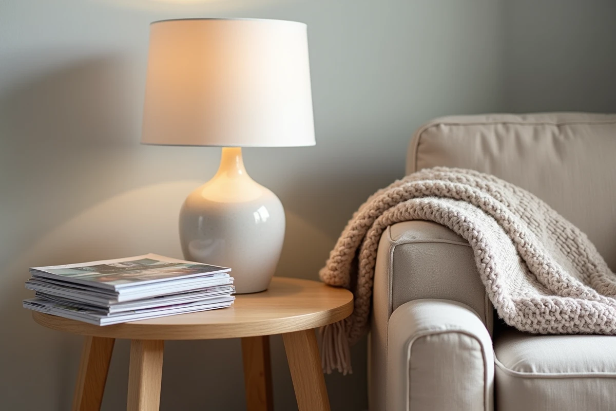 Détail d'un coin salon avec lampe de table sur guéridon en chêne illustrant un choix d'éclairage d'appoint adapté