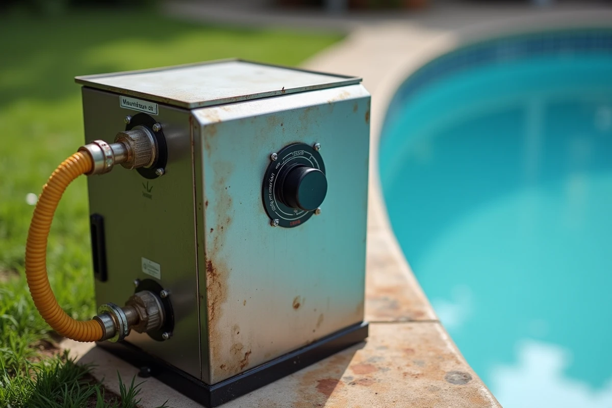 Détail du panneau de contrôle d'un chauffe-piscine au gaz usagé montrant son ancienneté