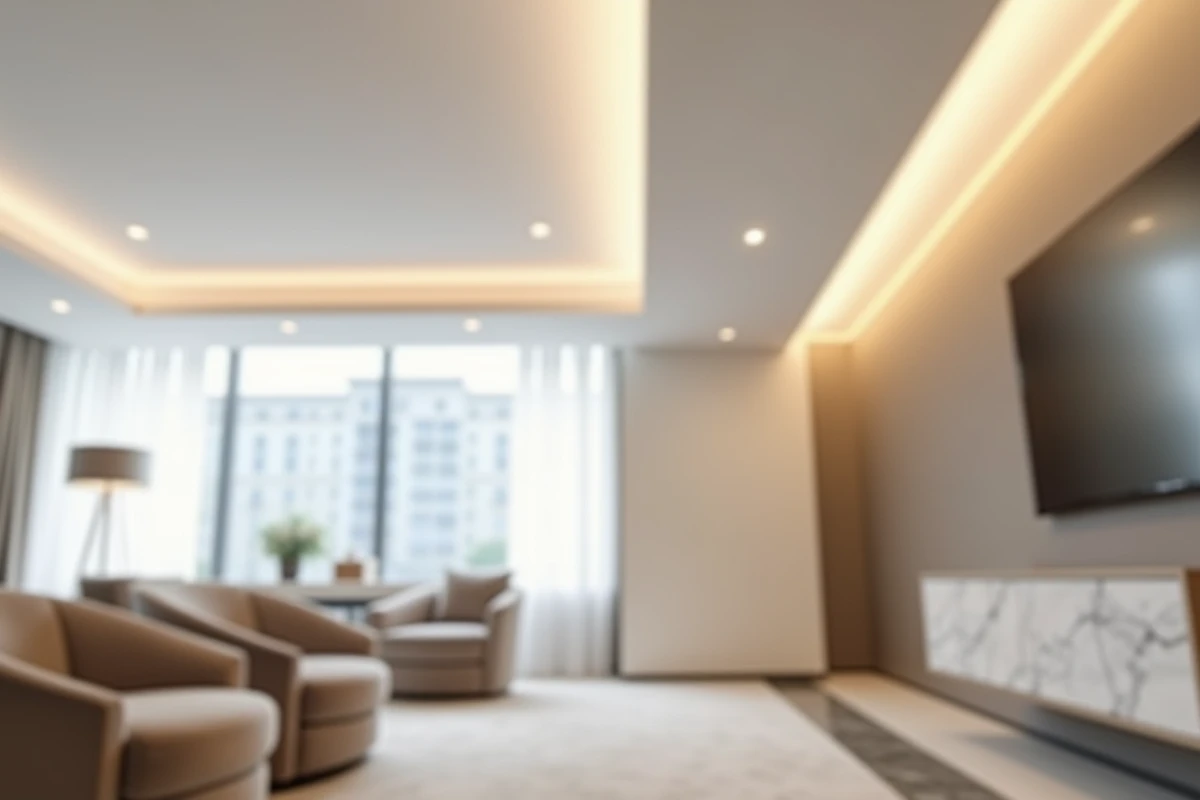 Gros plan sur un plafond tendu brillant avec corniche LED dans un salon luxueux au rendu premium
