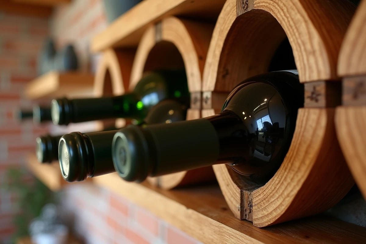 Détail de la texture bois et du assemblage artisanal d'un porte-bouteille mural design avec bouteilles de vin