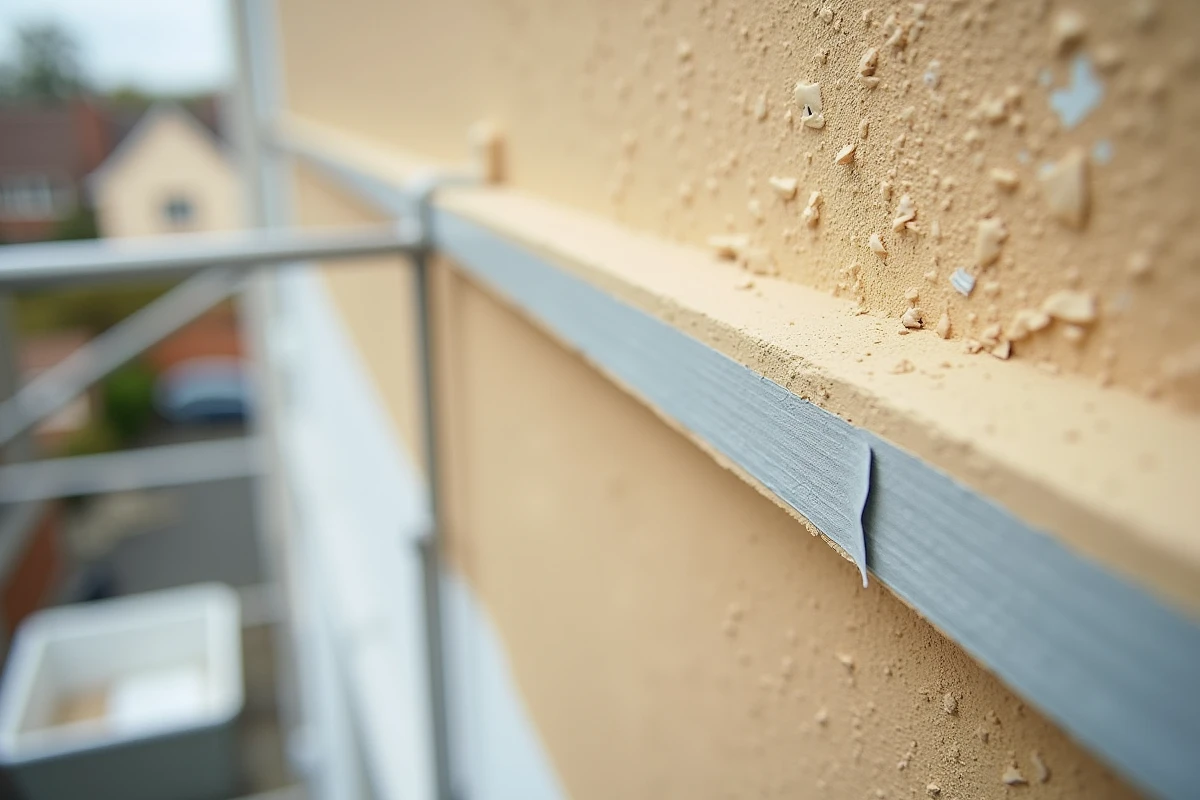 Gros plan sur une façade en cours de peinture montrant le contraste entre l'ancienne et la nouvelle couche de peinture