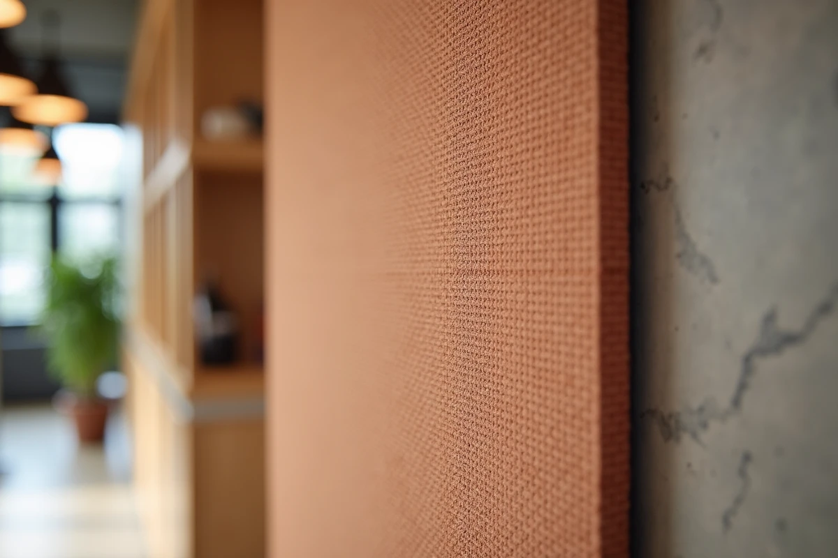 Gros plan sur le joint entre deux panneaux de revêtement mural acoustique autocollant avec texture woven en terracotta dans un bureau design