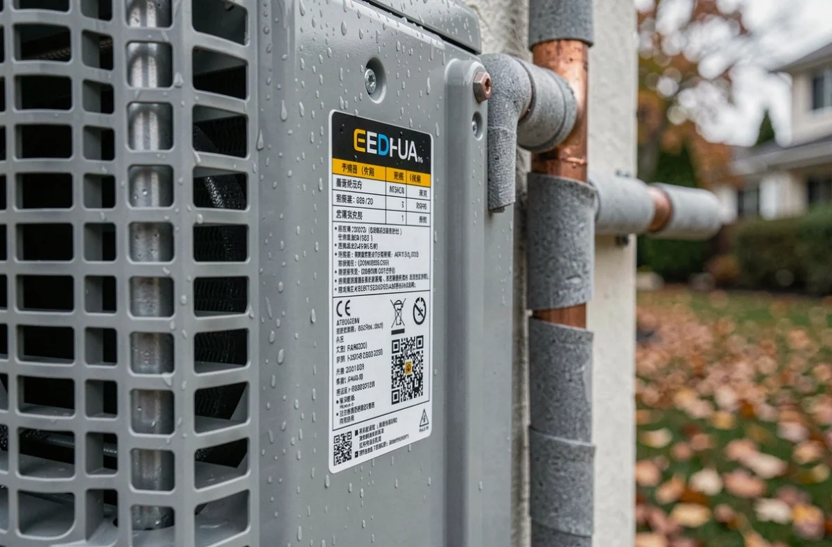 Gros plan sur les détails techniques et la grille d'aération d'une pompe à chaleur extérieure avec tuyaux en cuivre isolés