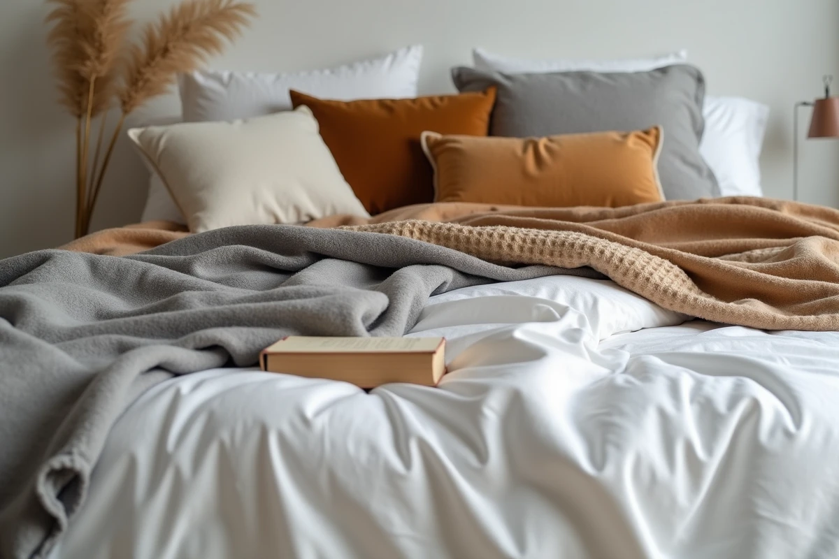 Gros plan sur les détails texturés d'un lit cozy avec couverture cachemire, oreillers velours et lin