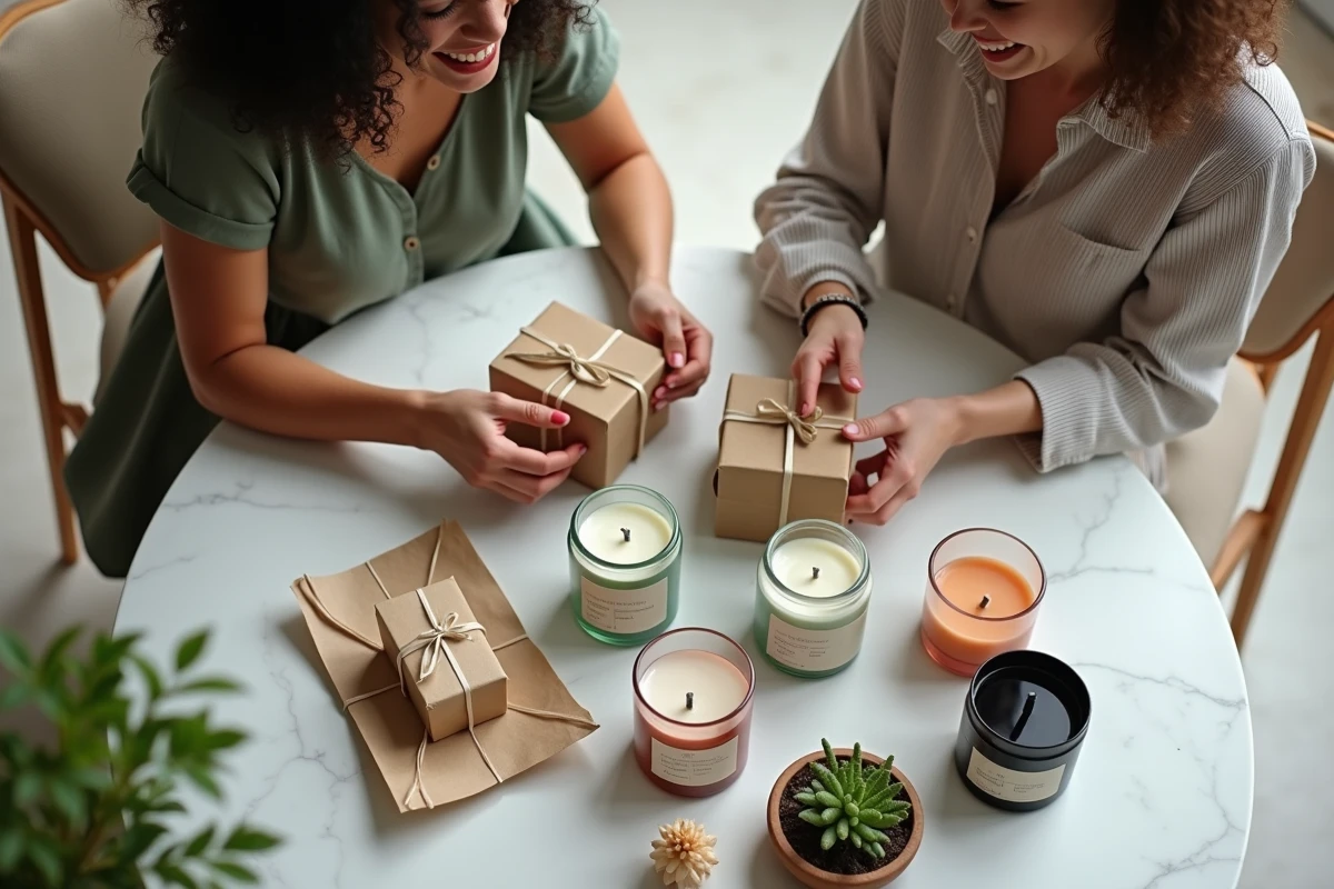 Deux jeunes femmes déballant des bougies parfumées dans un appartement moderne autour d'une table en marbre, ambiance cadeau et bien-être