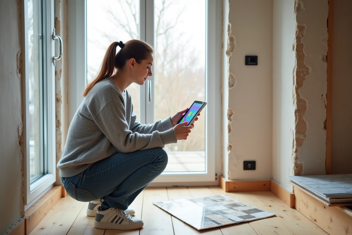 Femme utilisant une tablette thermique pour mesurer les déperditions énergétiques autour d'une fenêtre lors d'une rénovation écologique