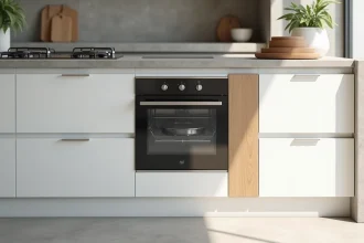 Lave-vaisselle et four intégrés côte à côte dans un meuble de cuisine moderne avec panneau séparateur en bois