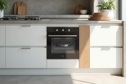 Lave-vaisselle et four intégrés côte à côte dans un meuble de cuisine moderne avec panneau séparateur en bois