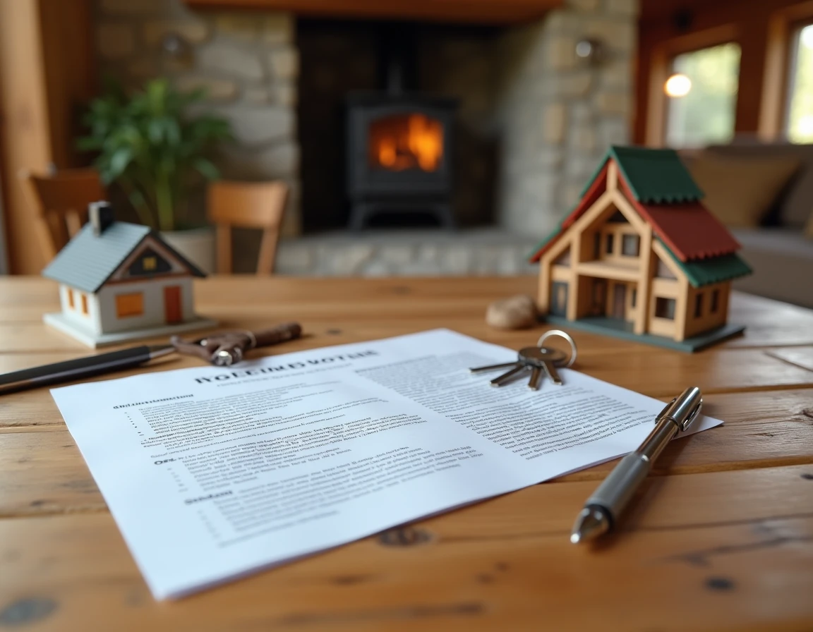 Documents d'assurance et garanties pour chalet habitable posés sur une table en bois rustique avec clés et figurine de chalet