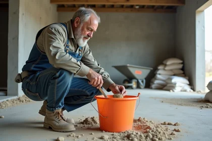 Ouvrier dosant une chape maigre avec des seaux sur un chantier de construction intérieur