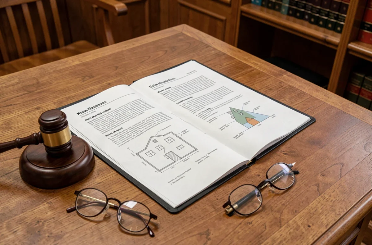 Dossier juridique ouvert sur une table de tribunal avec marteau de juge concernant un litige de bruit de pompe à chaleur