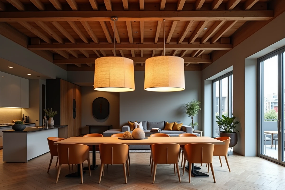 Deux suspensions cylindriques assorties au-dessus d'une grande table dans un salon ouvert avec poutres apparentes