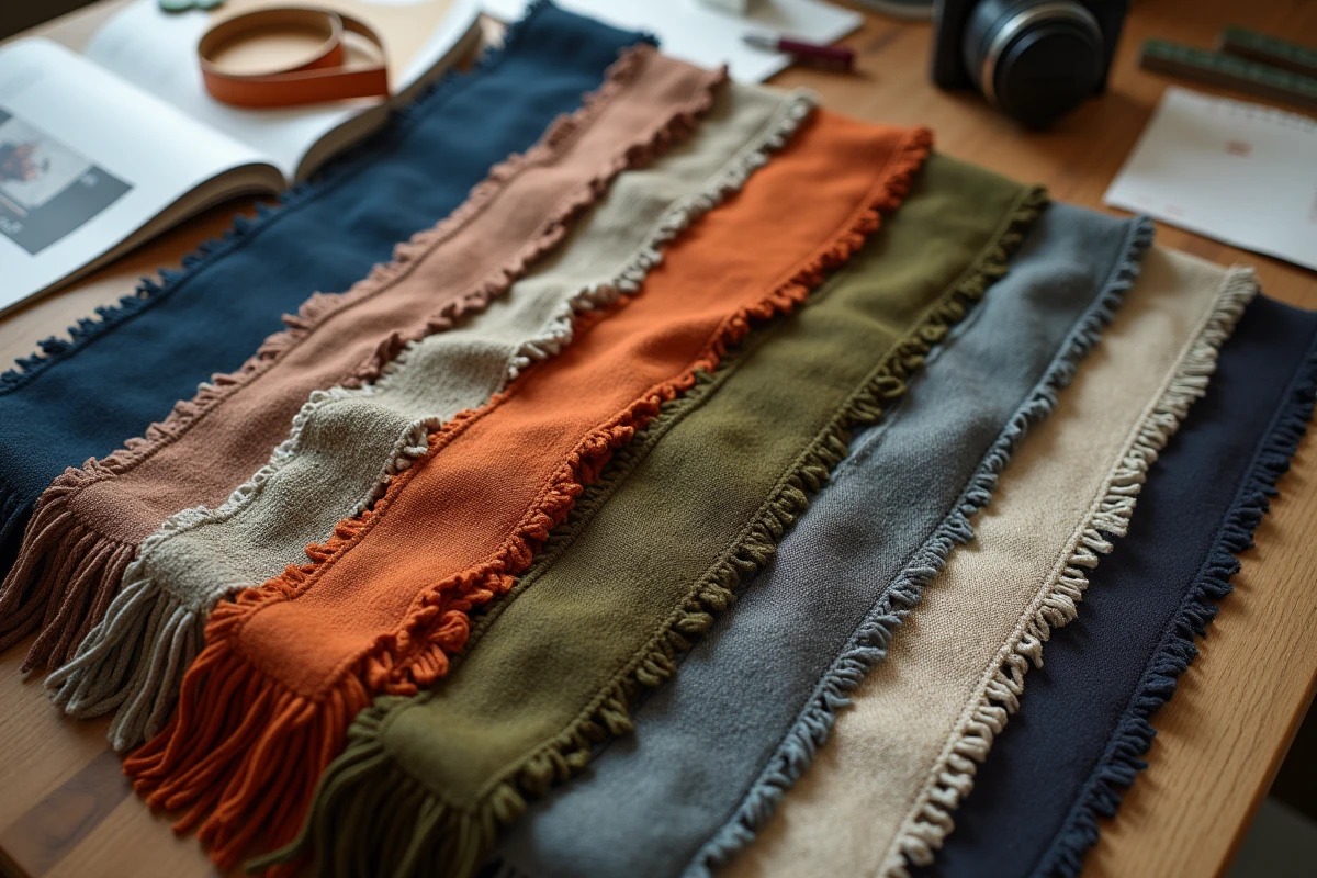 Échantillons de couleurs de garniture populaires en flat lay sur une table en bois rustique