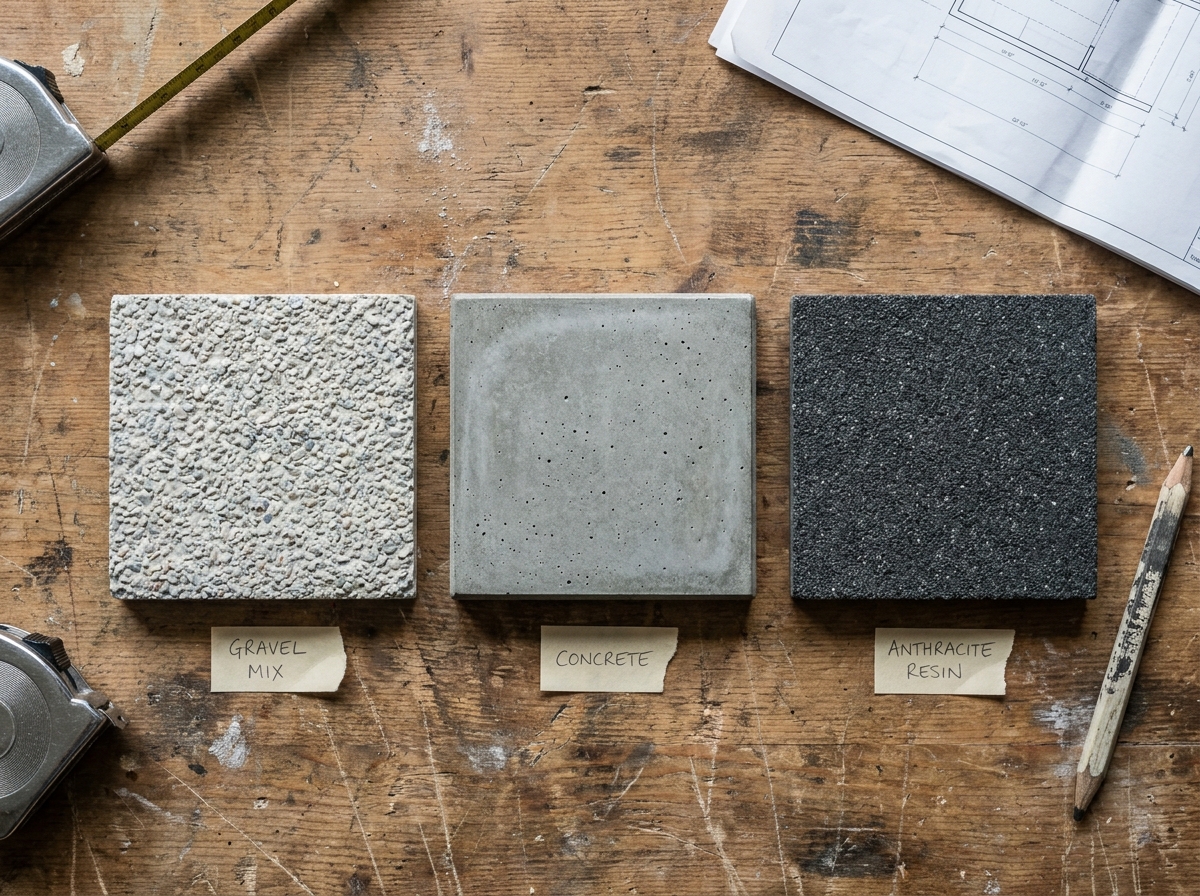 Échantillons de revêtements pour cour extérieure : gravier, béton et minéral posés sur table d'architecte