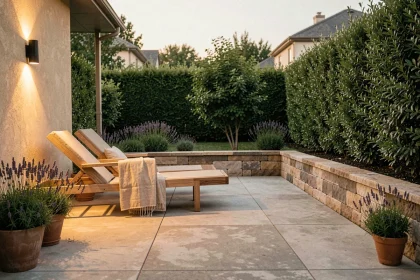 Terrasse moderne éclairée avec des appliques murales à lumière chaude dorée au crépuscule, mobilier en bois et plantes aromatiques dans un jardin résidentiel