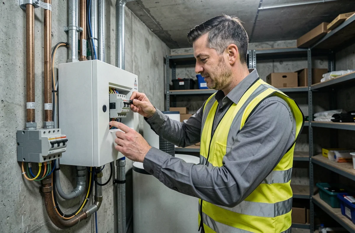Technicien EDP vérifiant le panneau électrique d'une pompe à chaleur géothermique en sous-sol