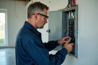 Électricien inspectant un tableau électrique résidentiel ouvert avec un testeur de tension