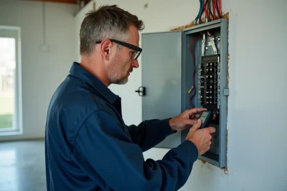 Électricien inspectant un tableau électrique résidentiel ouvert avec un testeur de tension