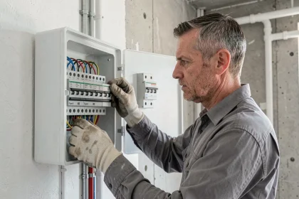 Électricien professionnel installant un disjoncteur différentiel de type A dans un tableau électrique rénové en cours de câblage