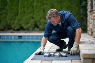 Électricien professionnel inspectant des luminaires de piscine basse tension 12V dans un jardin résidentiel