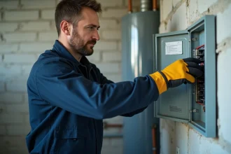 Électricien professionnel réarmant un disjoncteur dans un tableau électrique résidentiel