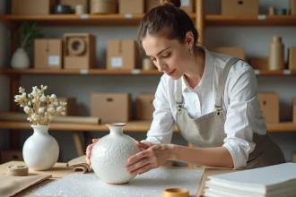 Femme emballant soigneusement un vase en céramique avec du papier bulle sur une table d'atelier en bois, entourée de matériaux d'emballage