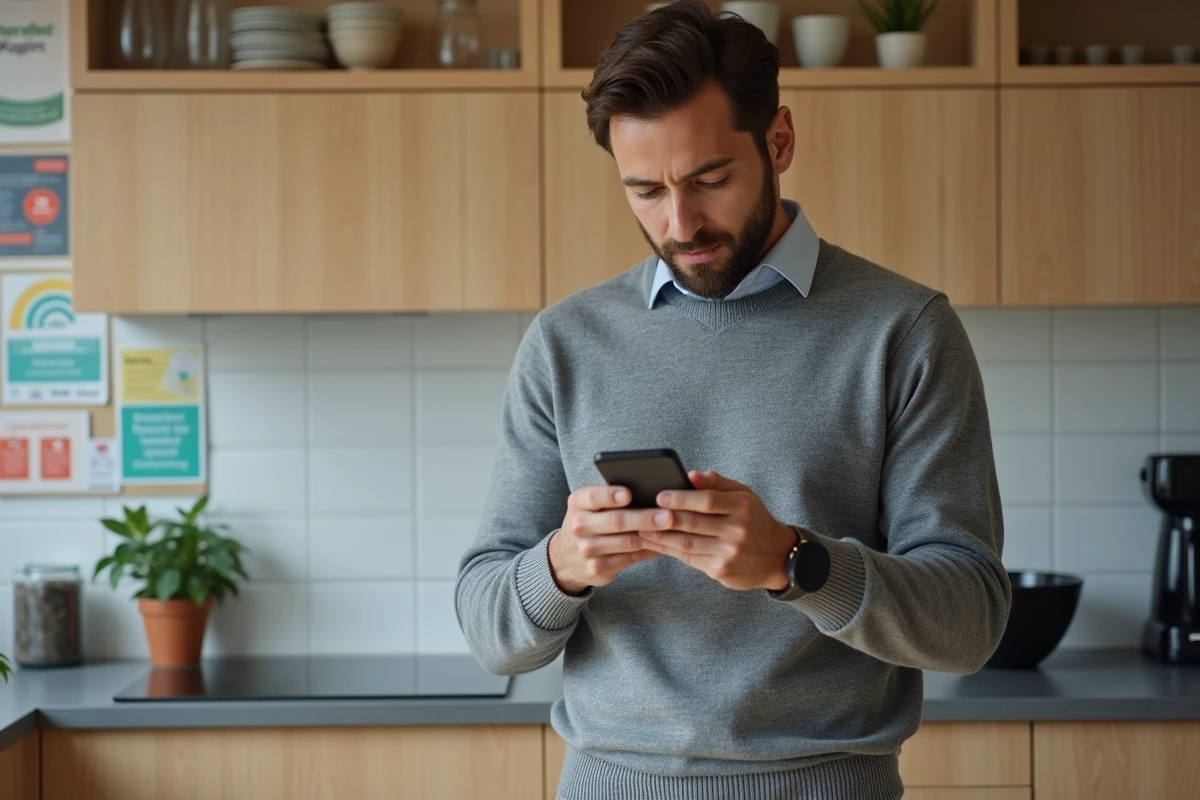 Employé Maisons du Monde consultant les offres CSE sur smartphone dans la salle de pause