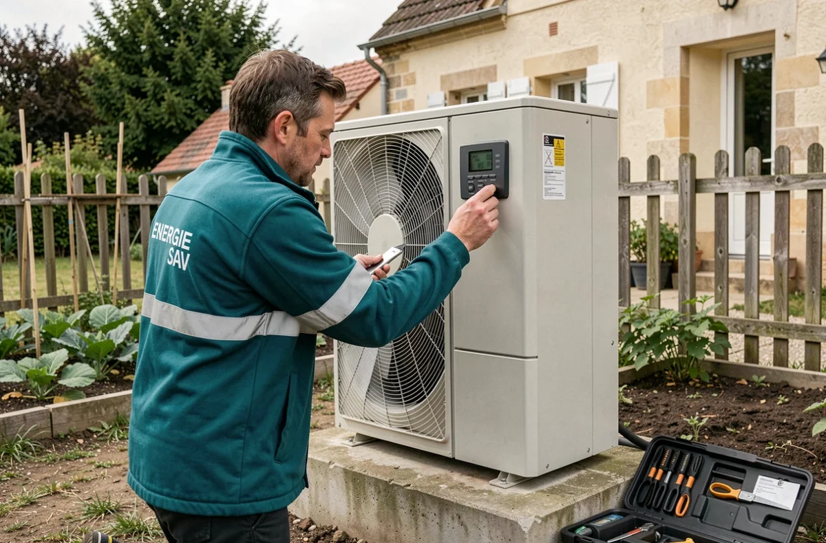 Technicien Energie Sav effectuant une maintenance sur une pompe à chaleur dans un jardin