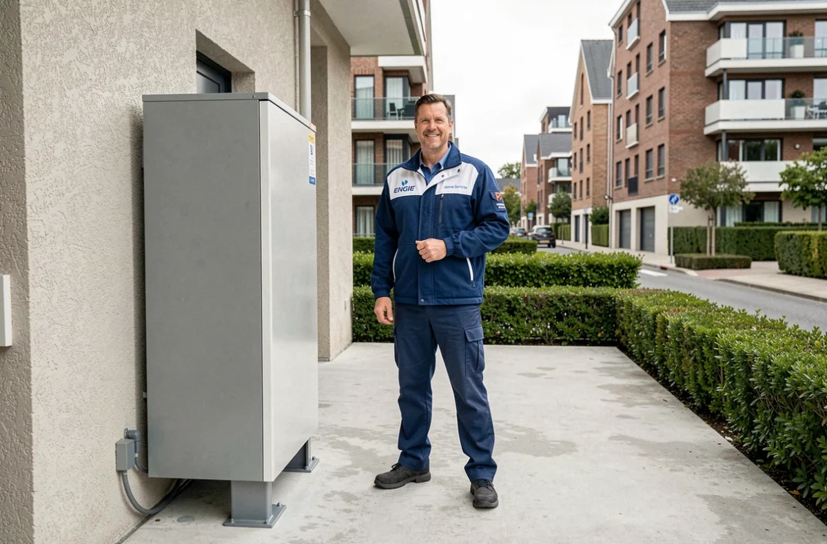Technicien ENGIE Home Services devant une pompe à chaleur installée à Nantes