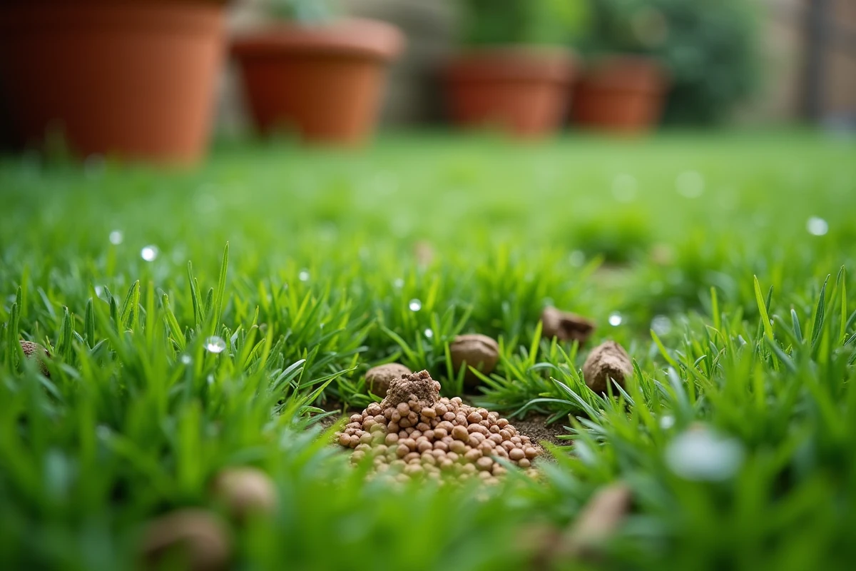 Gros plan sur des tontes de gazon et granulés d'engrais naturel sur une pelouse verte avec rosée matinale