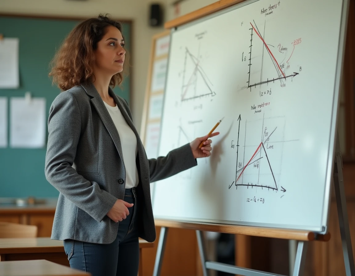 Enseignante en mathématiques expliquant la conversion entre degrés et pourcentage de pente au tableau
