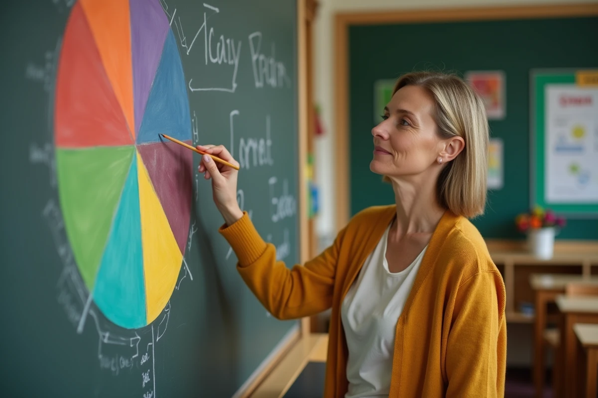 Enseignante expliquant les couleurs secondaires devant une roue chromatique peinte au tableau de classe