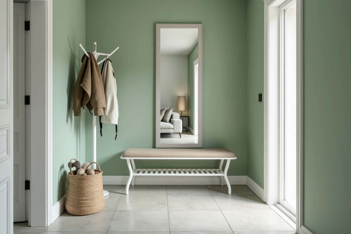Entrée d'appartement moderne en vert sauge doux avec miroir et patère porte-manteaux