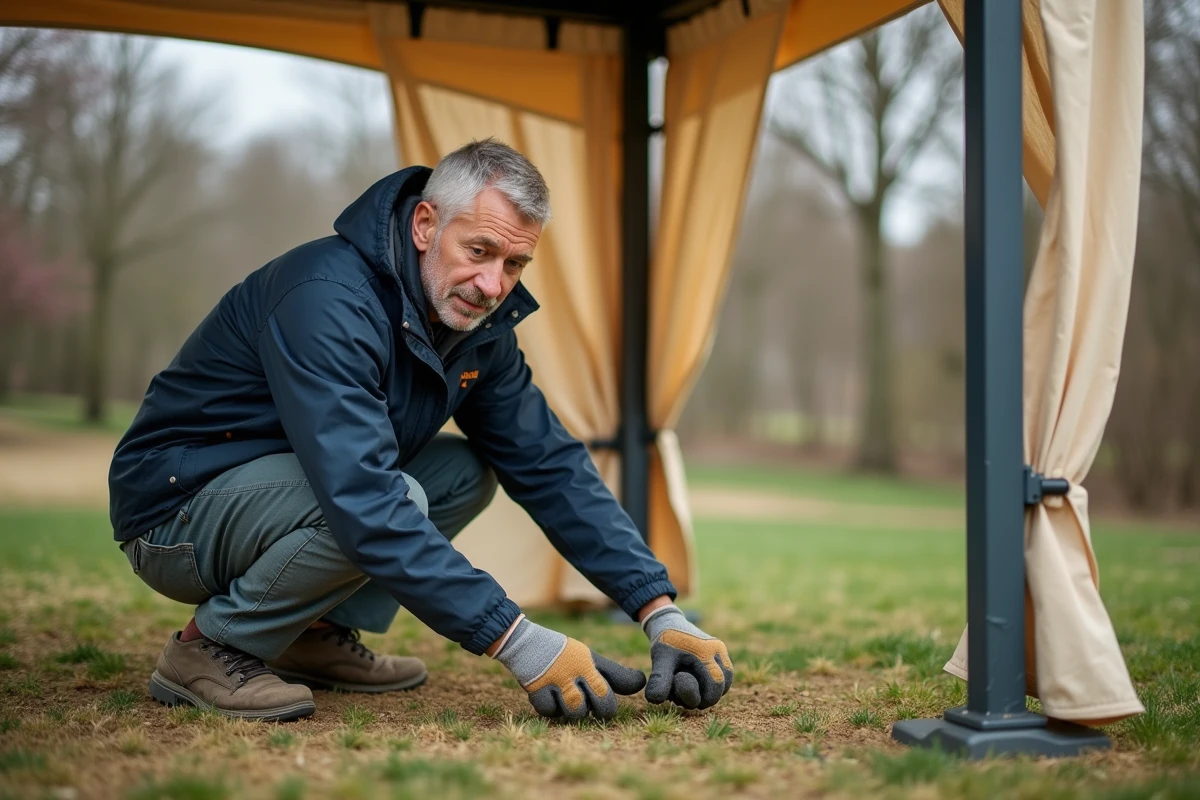 Propriétaire inspectant les ancrages d'un gazebo en début de printemps pour vérifier sa solidité après la saison hivernale