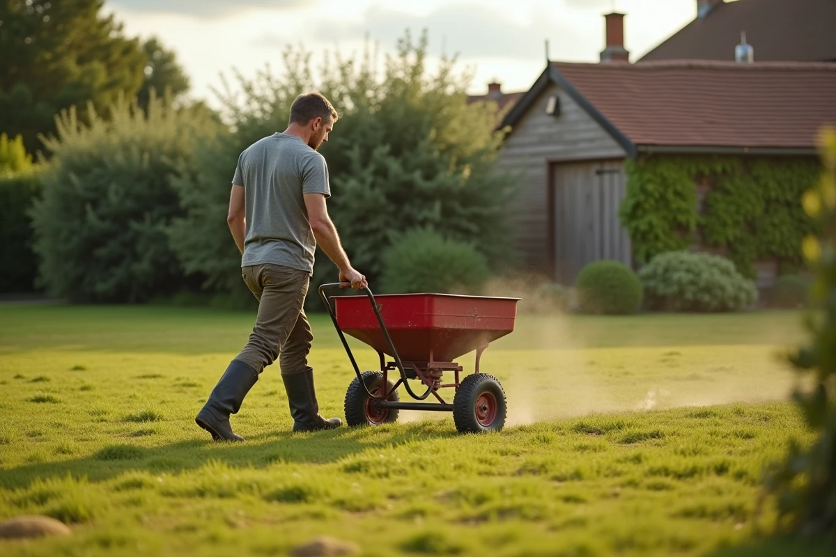 Homme utilisant un épandeur manuel pour fertiliser naturellement sa pelouse, entretien écologique du gazon