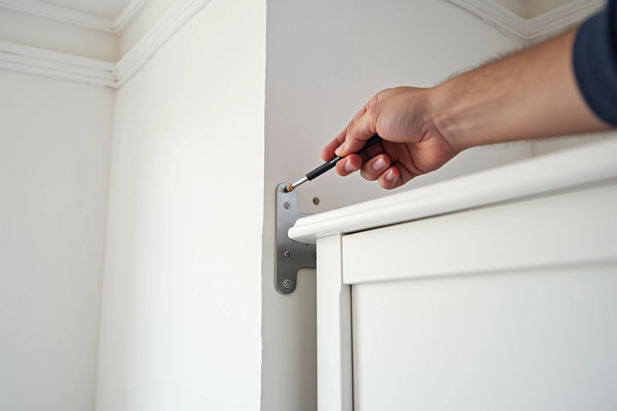 Gros plan sur un équerre de fixation métallique vissée à l'intérieur d'une armoire pour l'ancrer au mur