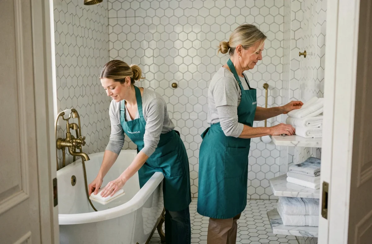 Deux professionnelles du ménage nettoyant une salle de bain élégante avec carrelage vintage dans une maison de Versailles