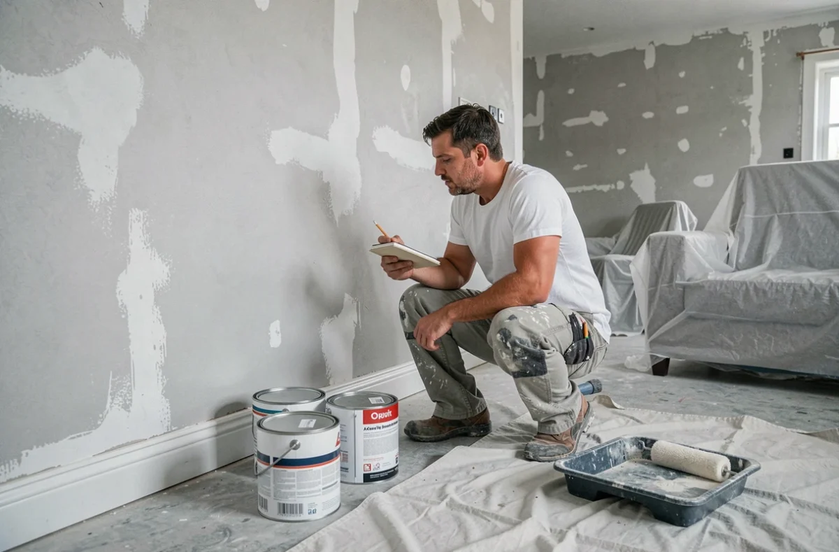 Homme en train d'estimer les quantités de peinture nécessaires dans une pièce en cours de rénovation avec des pots de peinture au sol